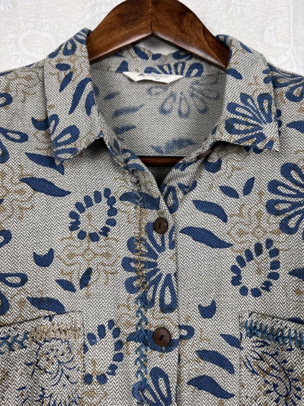 Marketplace India block print embroidered button up shirt Plus 1W relaxed cotton
